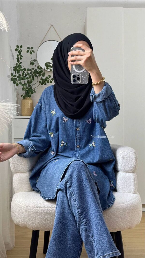 Elnara Denim Embroidery Tunic Top - Image 3