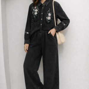 Hasya Denim Embroidery Set (Top + Flare Pants)