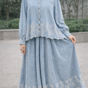 Salmah Denim Embroidery Blouse & Skirt Set